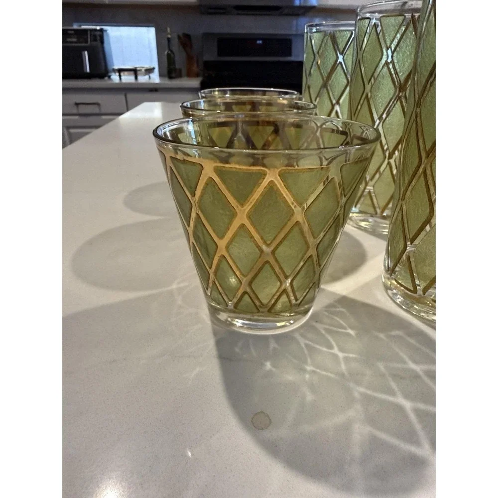 VTG MCM Set Of 6 Culver Valencia Bar Highball/Lowball Tumblers Green & 22k Gold